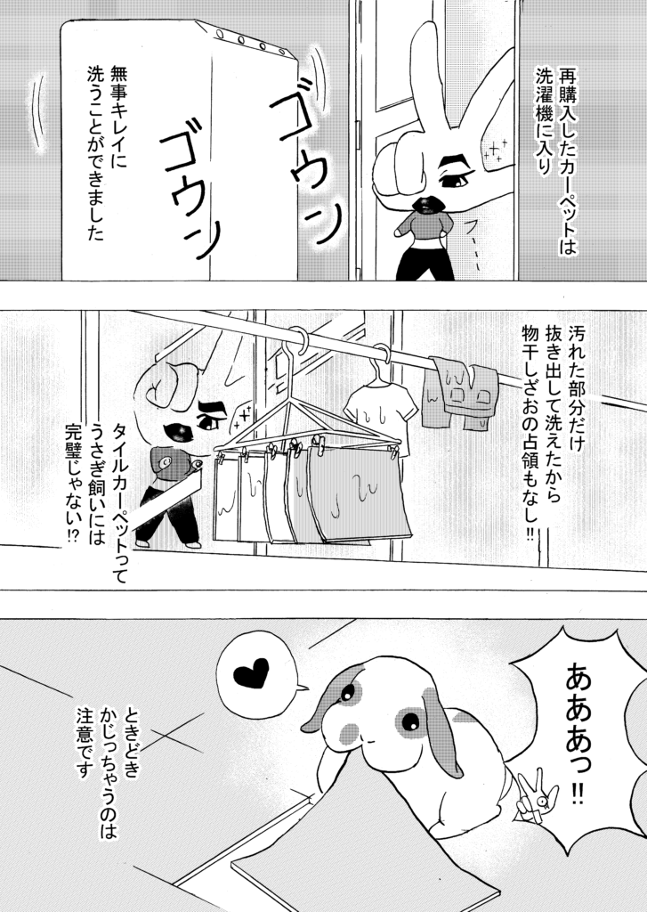 そこでさらに小さいタイルカーペットを買ったら、今度こそ汚れた部分だけ洗濯機できれいに洗えるようになったよ！干すときもベランダの場所を取らなくなったよ